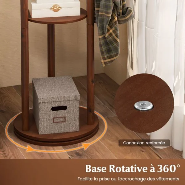 Porte-Manteaux sur Pied Base rotative à 360° 3 Etagères de Rangement 9 Crochets en Bois Massif pour l’Entrée Salon