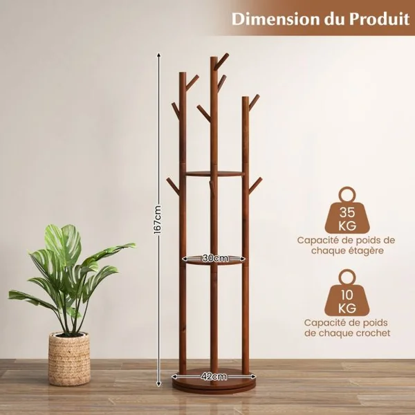 Porte-Manteaux sur Pied Base rotative à 360° 3 Etagères de Rangement 9 Crochets en Bois Massif pour l’Entrée Salon