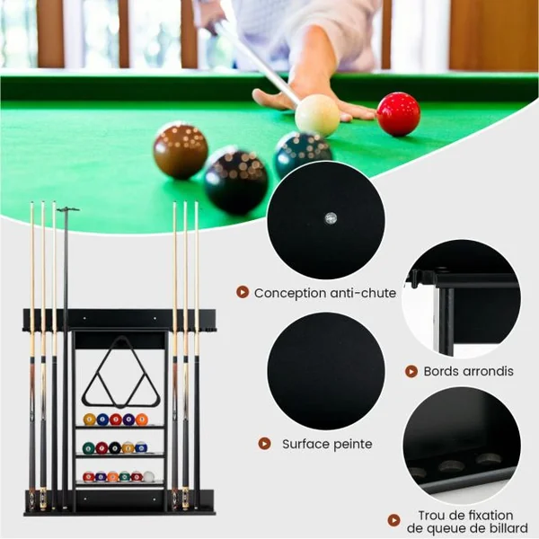 Porte-Queues de Billard Mural 8 Queues et Rainures à 3 Niveaux 15 Porte-balles 1 Porte-boules Triangle en Bois pour Club Noir