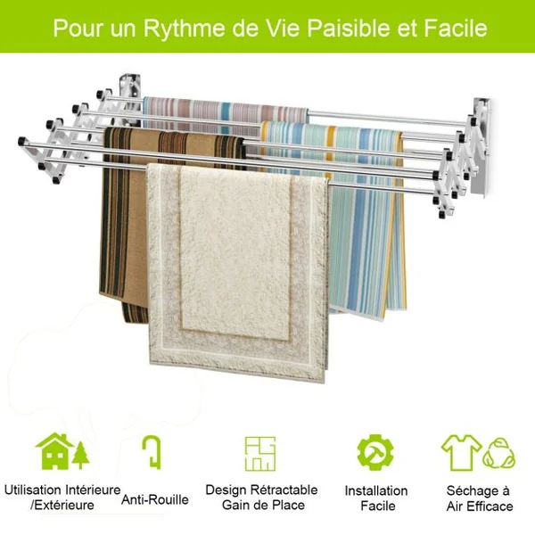Porte-Serviettes Extensible Mural - 8 Barres en Acier Inox. 86 x 62 x 22 CM pour Salle de Bain Argent