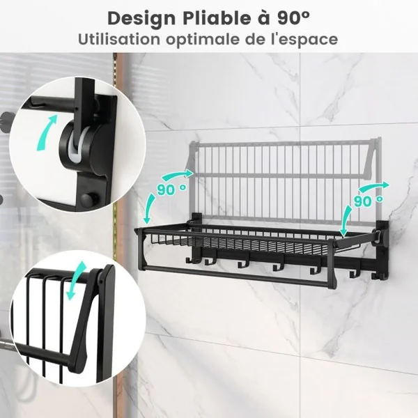Porte-serviettes Mural Pliable Barre à Serviettes Réglable et Crochets Mobiles Organisateur de Porte-Serviettes en Aluminium Antirouille et Étanche Noir