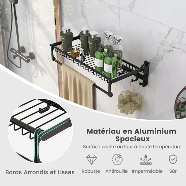 Porte-serviettes Mural Pliable Barre à Serviettes Réglable et Crochets Mobiles Organisateur de Porte-Serviettes en Aluminium Antirouille et Étanche Noir