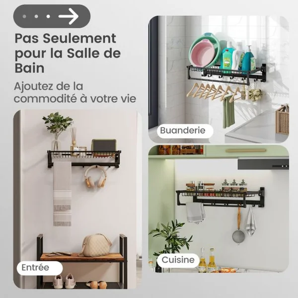 Porte-serviettes Mural Pliable Barre à Serviettes Réglable et Crochets Mobiles Organisateur de Porte-Serviettes en Aluminium Antirouille et Étanche Noir