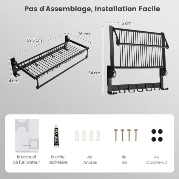 Porte-serviettes Mural Pliable Barre à Serviettes Réglable et Crochets Mobiles Organisateur de Porte-Serviettes en Aluminium Antirouille et Étanche Noir