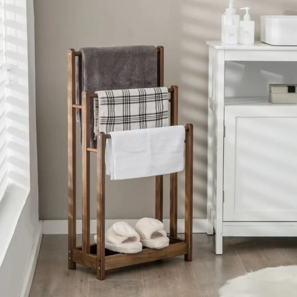 Porte-Serviettes sur Pied en Bois 3 Barres et Étagère de Rangement Inférieure Dispositif Anti-renversement 45,5 x 22 x 86 cm Marron/Blanc/Gris
