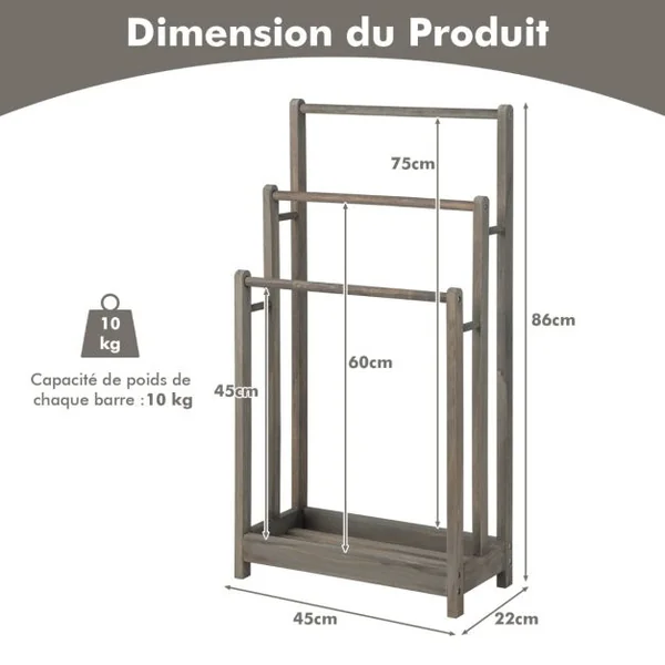 Porte-Serviettes sur Pied en Bois 3 Barres et Étagère de Rangement Inférieure Dispositif Anti-renversement 45,5 x 22 x 86 cm Marron/Blanc/Gris