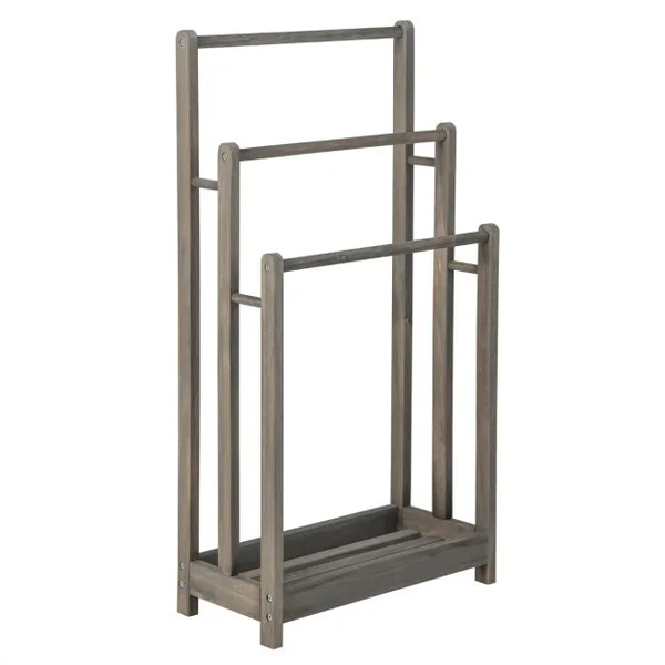 Porte-Serviettes sur Pied en Bois 3 Barres et Étagère de Rangement Inférieure Dispositif Anti-renversement 45,5 x 22 x 86 cm Marron/Blanc/Gris