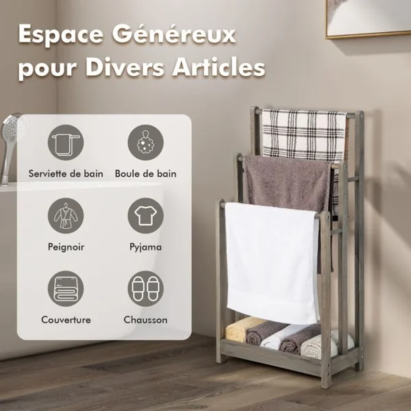 Porte-Serviettes sur Pied en Bois 3 Barres et Étagère de Rangement Inférieure Dispositif Anti-renversement 45,5 x 22 x 86 cm Marron/Blanc/Gris