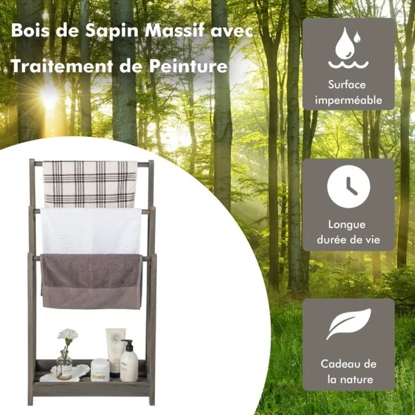 Porte-Serviettes sur Pied en Bois 3 Barres et Étagère de Rangement Inférieure Dispositif Anti-renversement 45,5 x 22 x 86 cm Marron/Blanc/Gris
