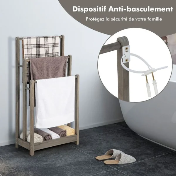 Porte-Serviettes sur Pied en Bois 3 Barres et Étagère de Rangement Inférieure Dispositif Anti-renversement 45,5 x 22 x 86 cm Marron/Blanc/Gris