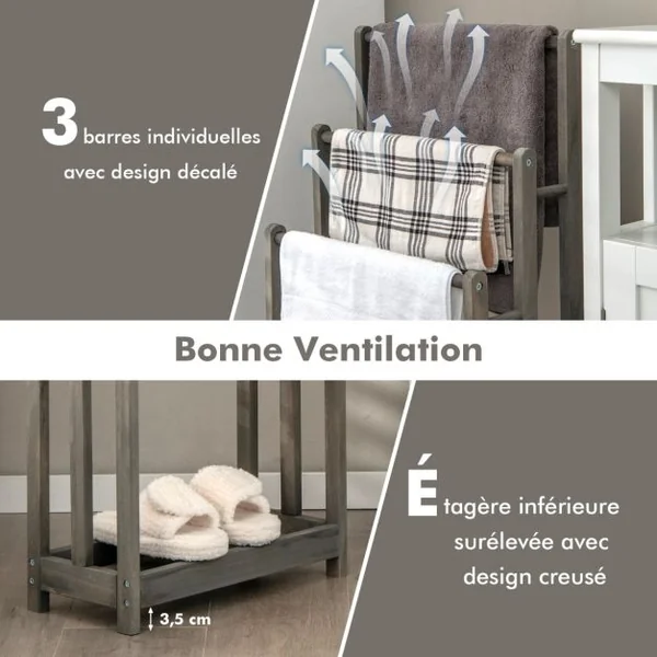 Porte-Serviettes sur Pied en Bois 3 Barres et Étagère de Rangement Inférieure Dispositif Anti-renversement 45,5 x 22 x 86 cm Marron/Blanc/Gris