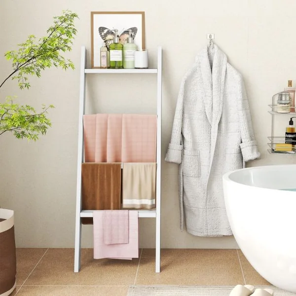 Porte-serviettes Échelle en Bois à 4 Niveaux 51x8x137CM Étagère d'échelle pour Salon Salle de bain et Chambre Blanc/Gris/Noir