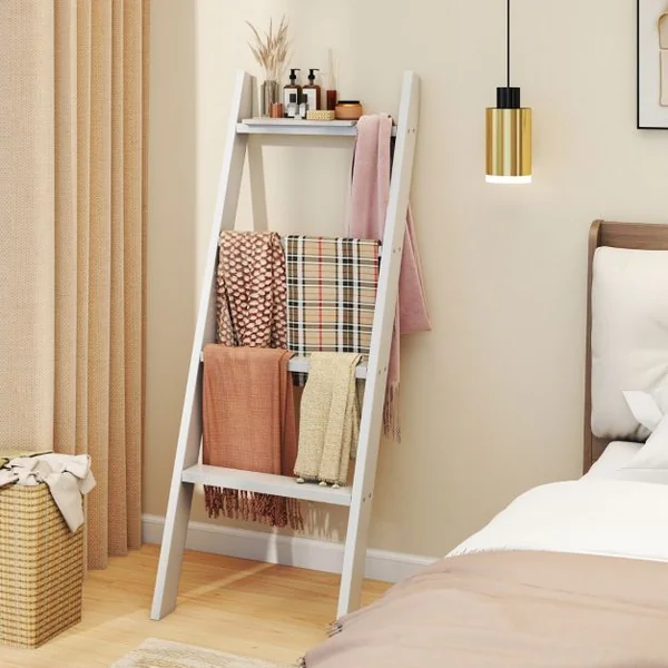 Porte-serviettes Échelle en Bois à 4 Niveaux 51x8x137CM Étagère d'échelle pour Salon Salle de bain et Chambre Blanc/Gris/Noir