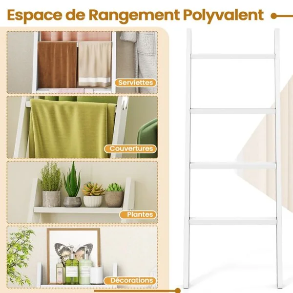 Porte-serviettes Échelle en Bois à 4 Niveaux 51x8x137CM Étagère d'échelle pour Salon Salle de bain et Chambre Blanc/Gris/Noir