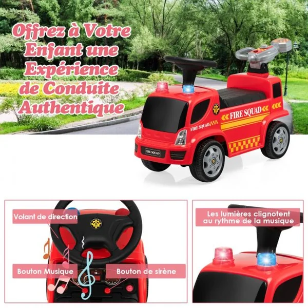 Porteur - Camion de Pompiers pour Enfants Musique Phares Sirène Klaxon 18-36 Mois Rouge