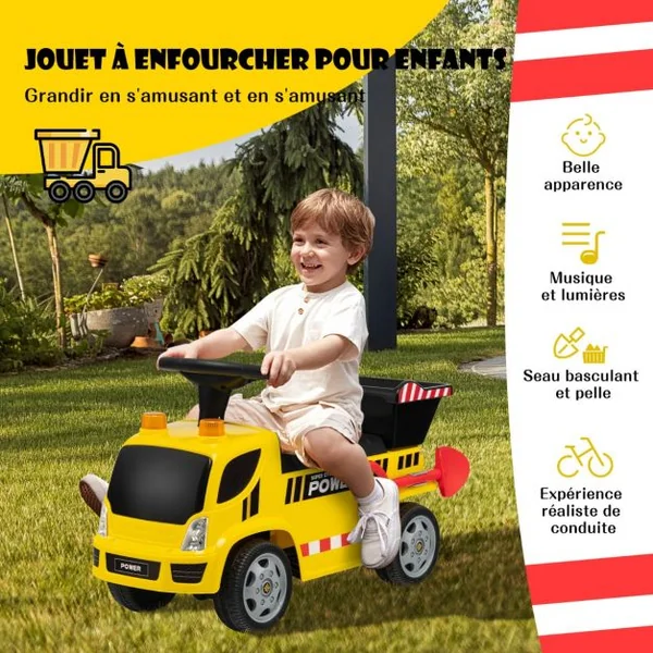 Porteur Camion pour Enfants avec Sirène Musique et Phares Seau Basculant et Pelle Amovible 18 à 36 Mois Jaune