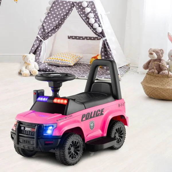 Porteur Enfants avec Mégaphone & Autocollant de Police Voiture à Pousser avec Lumières et Sonore Dispositif Anti-basculement Charge 25 kg pour 18-60 Mois Noir/Rose/Blanc