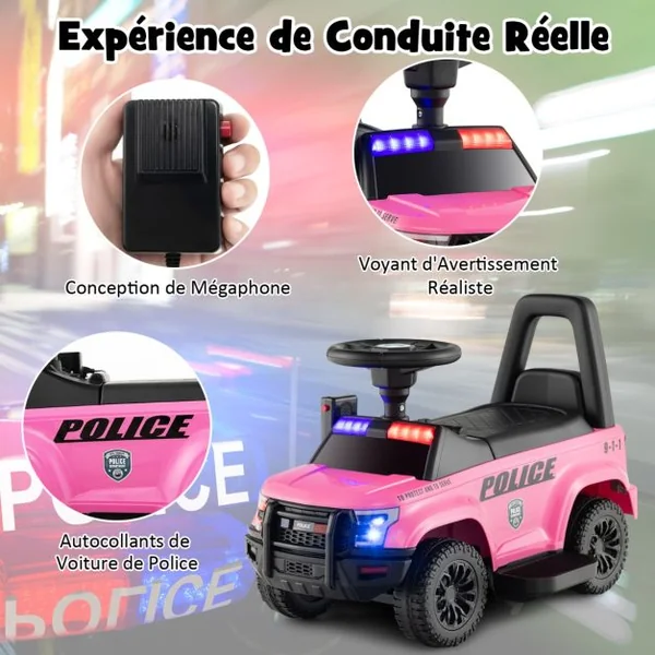 Porteur Enfants avec Mégaphone & Autocollant de Police Voiture à Pousser avec Lumières et Sonore Dispositif Anti-basculement Charge 25 kg pour 18-60 Mois Noir/Rose/Blanc