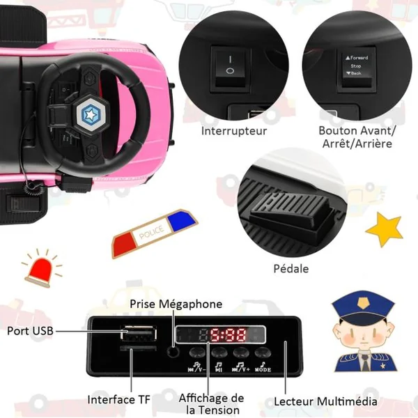 Porteur Enfants avec Mégaphone & Autocollant de Police Voiture à Pousser avec Lumières et Sonore Dispositif Anti-basculement Charge 25 kg pour 18-60 Mois Noir/Rose/Blanc