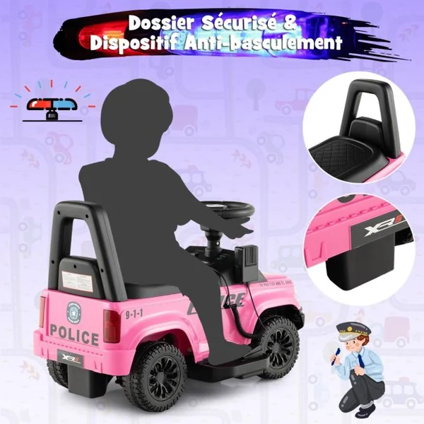 Porteur Enfants avec Mégaphone & Autocollant de Police Voiture à Pousser avec Lumières et Sonore Dispositif Anti-basculement Charge 25 kg pour 18-60 Mois Noir/Rose/Blanc