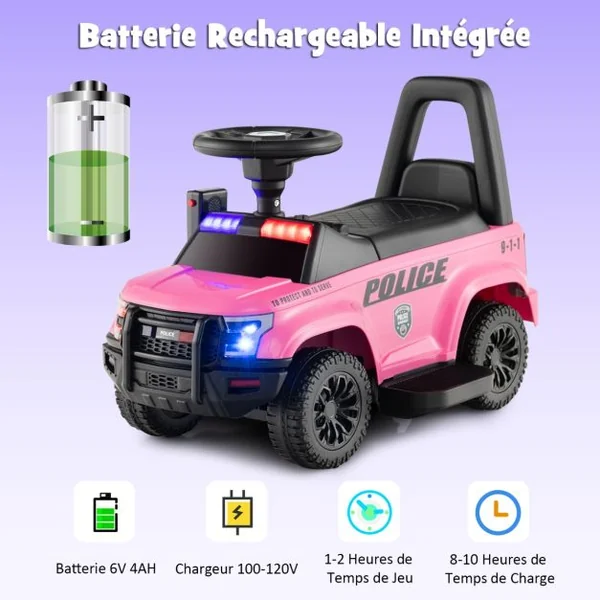 Porteur Enfants avec Mégaphone & Autocollant de Police Voiture à Pousser avec Lumières et Sonore Dispositif Anti-basculement Charge 25 kg pour 18-60 Mois Noir/Rose/Blanc
