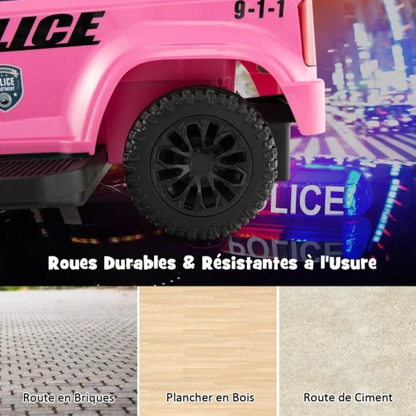 Porteur Enfants avec Mégaphone & Autocollant de Police Voiture à Pousser avec Lumières et Sonore Dispositif Anti-basculement Charge 25 kg pour 18-60 Mois Noir/Rose/Blanc