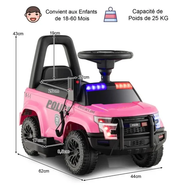 Porteur Enfants avec Mégaphone & Autocollant de Police Voiture à Pousser avec Lumières et Sonore Dispositif Anti-basculement Charge 25 kg pour 18-60 Mois Noir/Rose/Blanc