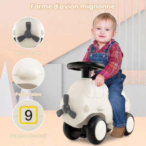 Porteur Enfants en Forme Avion avec Hélice & Volant Réaliste Voiture à Pousser Intérieur Exterieur avec 4 Roues Charge 45kg pour 18-72 Mois