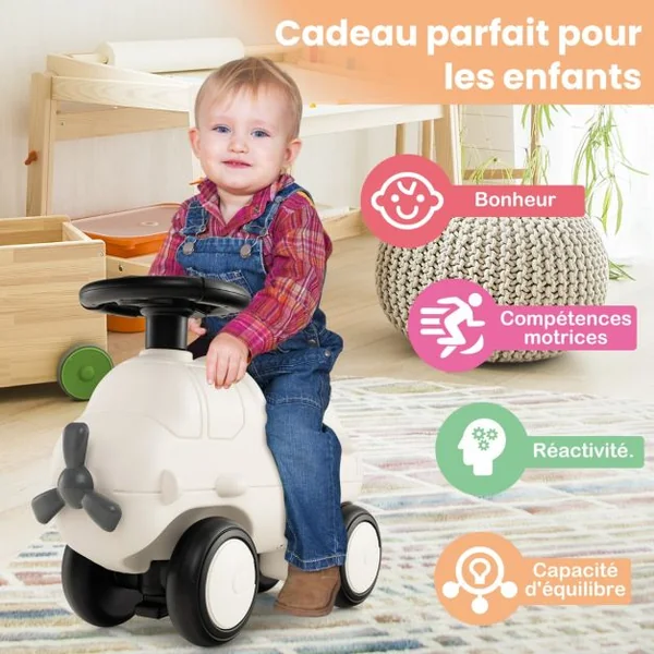 Porteur Enfants en Forme Avion avec Hélice & Volant Réaliste Voiture à Pousser Intérieur Exterieur avec 4 Roues Charge 45kg pour 18-72 Mois