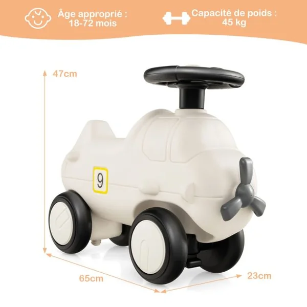 Porteur Enfants en Forme Avion avec Hélice & Volant Réaliste Voiture à Pousser Intérieur Exterieur avec 4 Roues Charge 45kg pour 18-72 Mois