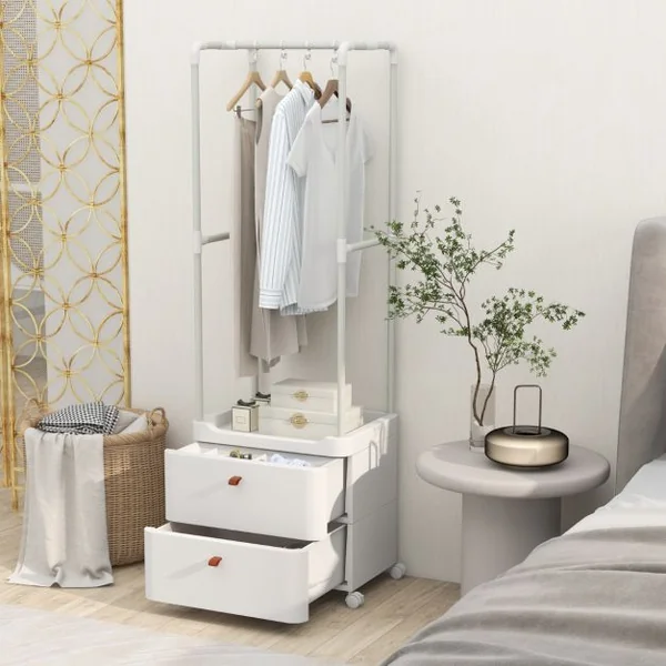 Porte-vêtements avec 2 Tiroirs Organisateur de Vêtements avec Roulettes Verrouillables Commode Autoportante Tringle de Suspension Blanc