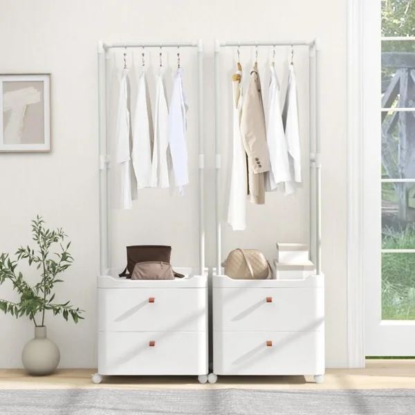 Porte-vêtements avec 2 Tiroirs Organisateur de Vêtements avec Roulettes Verrouillables Commode Autoportante Tringle de Suspension Blanc