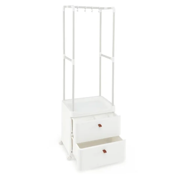 Porte-vêtements avec 2 Tiroirs Organisateur de Vêtements avec Roulettes Verrouillables Commode Autoportante Tringle de Suspension Blanc