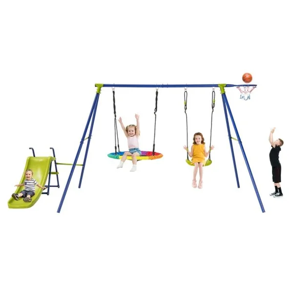 Portique de Balançoire 4 en 1 avec Toboggan Balançoire Panier de Basket Nid d'Oiseau Ø82 cm Charge 50kg pour 4 Enfants de 3-12 Ans