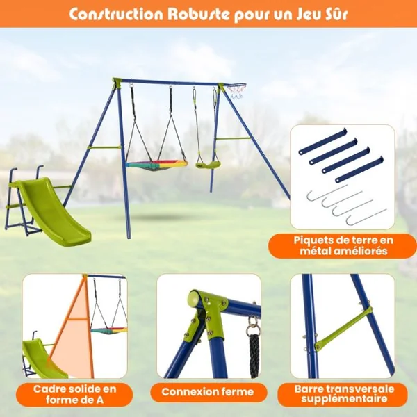 Portique de Balançoire 4 en 1 avec Toboggan Balançoire Panier de Basket Nid d'Oiseau Ø82 cm Charge 50kg pour 4 Enfants de 3-12 Ans