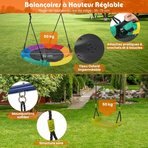 Portique de Balançoire 4 en 1 avec Toboggan Balançoire Panier de Basket Nid d'Oiseau Ø82 cm Charge 50kg pour 4 Enfants de 3-12 Ans