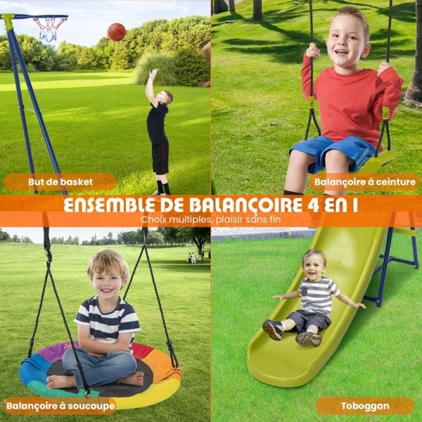 Portique de Balançoire 4 en 1 avec Toboggan Balançoire Panier de Basket Nid d'Oiseau Ø82 cm Charge 50kg pour 4 Enfants de 3-12 Ans