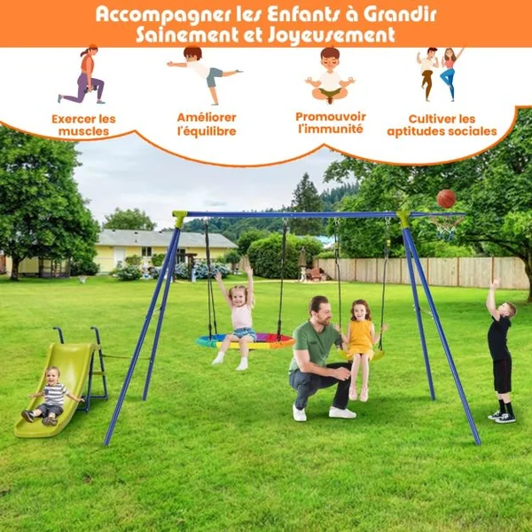 Portique de Balançoire 4 en 1 avec Toboggan Balançoire Panier de Basket Nid d'Oiseau Ø82 cm Charge 50kg pour 4 Enfants de 3-12 Ans