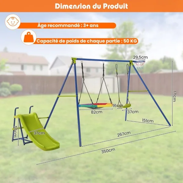 Portique de Balançoire 4 en 1 avec Toboggan Balançoire Panier de Basket Nid d'Oiseau Ø82 cm Charge 50kg pour 4 Enfants de 3-12 Ans