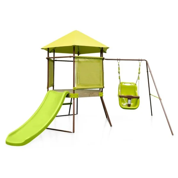 Portique de Balançoire 4 en 1 pour Enfants Aire de Jeu en Métal avec Cabane Couverte Siège Bébé Réglable en Hauteur Toboggan & Échelle Vert
