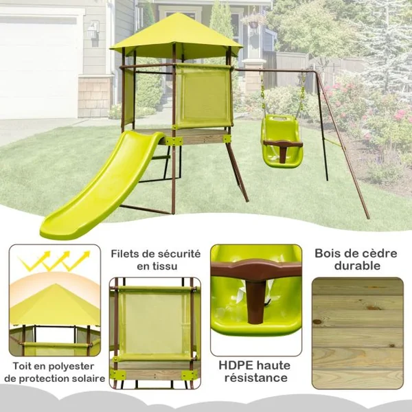 Portique de Balançoire 4 en 1 pour Enfants Aire de Jeu en Métal avec Cabane Couverte Siège Bébé Réglable en Hauteur Toboggan & Échelle Vert