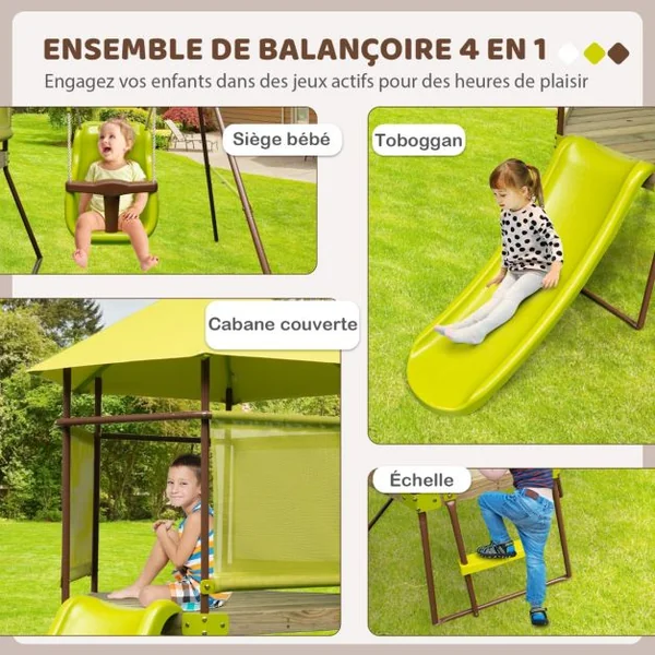Portique de Balançoire 4 en 1 pour Enfants Aire de Jeu en Métal avec Cabane Couverte Siège Bébé Réglable en Hauteur Toboggan & Échelle Vert