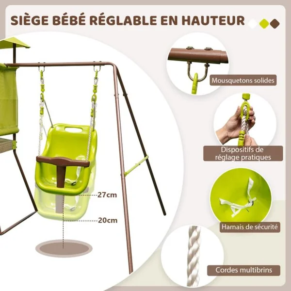 Portique de Balançoire 4 en 1 pour Enfants Aire de Jeu en Métal avec Cabane Couverte Siège Bébé Réglable en Hauteur Toboggan & Échelle Vert