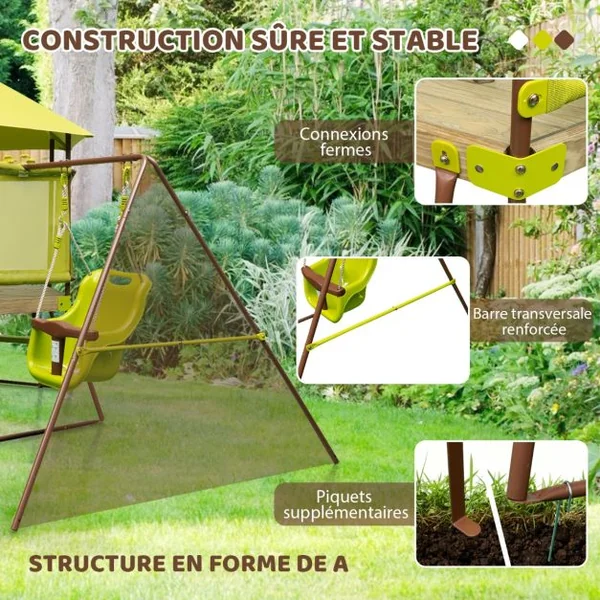 Portique de Balançoire 4 en 1 pour Enfants Aire de Jeu en Métal avec Cabane Couverte Siège Bébé Réglable en Hauteur Toboggan & Échelle Vert