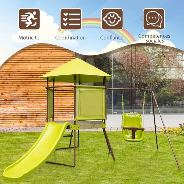 Portique de Balançoire 4 en 1 pour Enfants Aire de Jeu en Métal avec Cabane Couverte Siège Bébé Réglable en Hauteur Toboggan & Échelle Vert