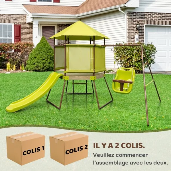 Portique de Balançoire 4 en 1 pour Enfants Aire de Jeu en Métal avec Cabane Couverte Siège Bébé Réglable en Hauteur Toboggan & Échelle Vert