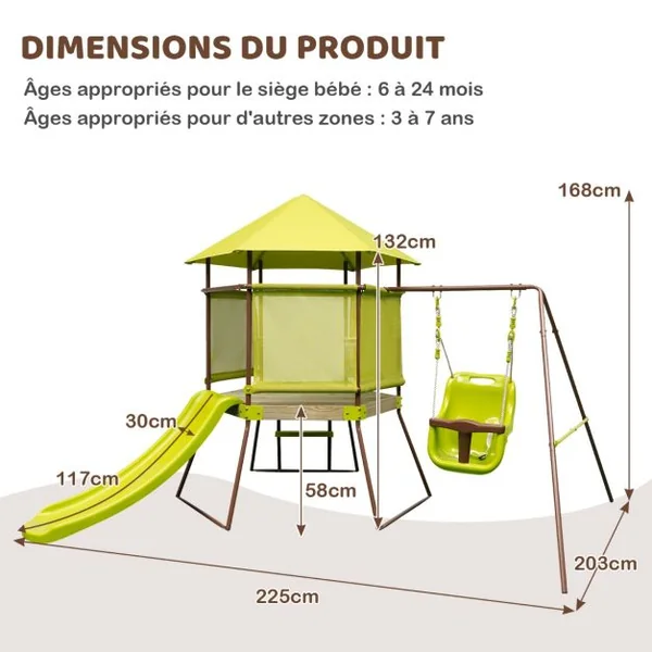 Portique de Balançoire 4 en 1 pour Enfants Aire de Jeu en Métal avec Cabane Couverte Siège Bébé Réglable en Hauteur Toboggan & Échelle Vert