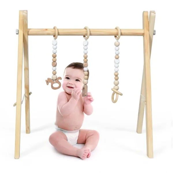 Portique D’eveil pour Bébé de +3 Mois avec Jouets Centre D'activité Pliable Forme Triangulaire en Bois 60x44x60cm Vert/Blanc/Naturel/Gris/Rose