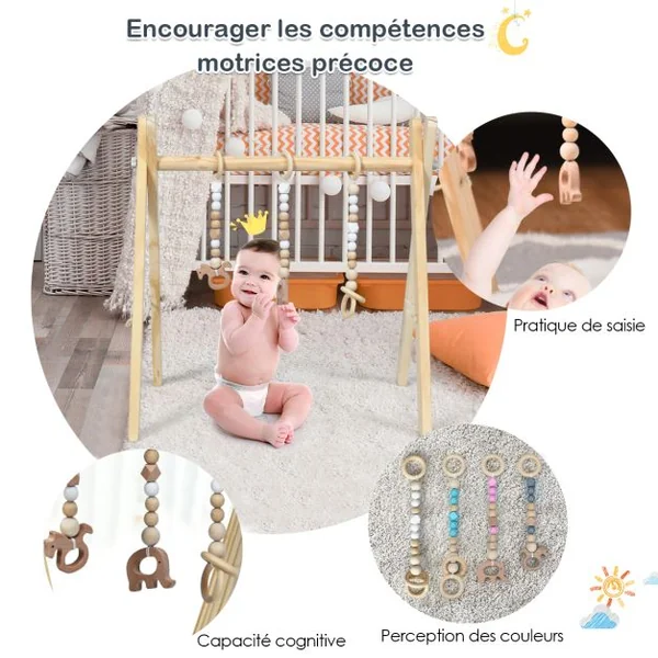 Portique D’eveil pour Bébé de +3 Mois avec Jouets Centre D'activité Pliable Forme Triangulaire en Bois 60x44x60cm Vert/Blanc/Naturel/Gris/Rose