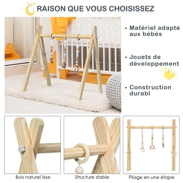 Portique D’eveil pour Bébé de +3 Mois avec Jouets Centre D'activité Pliable Forme Triangulaire en Bois 60x44x60cm Vert/Blanc/Naturel/Gris/Rose